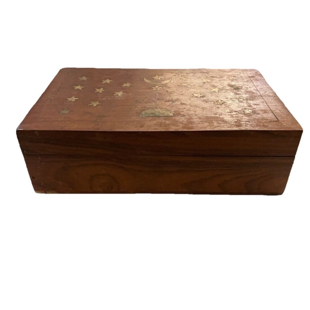 New Age Imports Wooden Brass Inlaid Star Moon Rectangle Jewelry Trinket Box